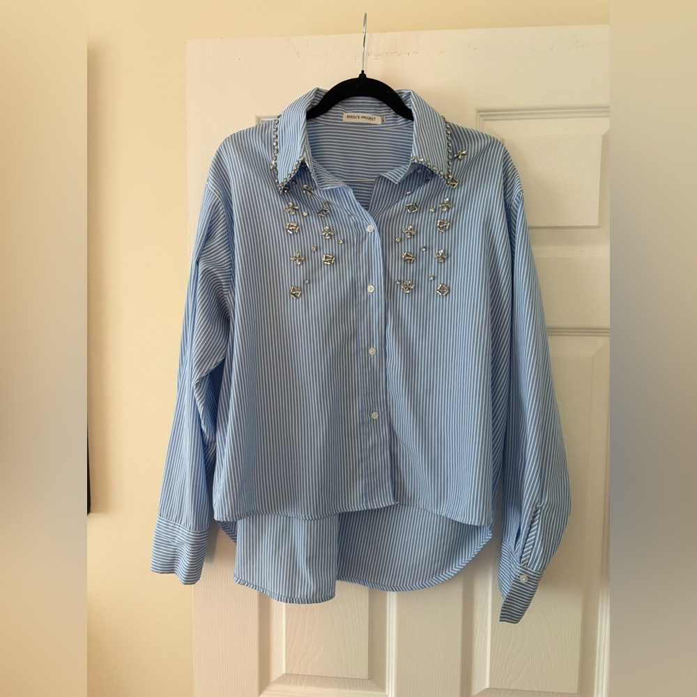 Frankie's Bikinis Blue Striped Button Down Shirt